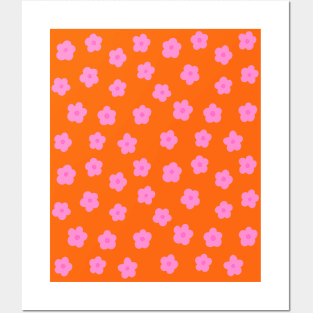 Pink and Orange Groovy Flower Pattern Posters and Art